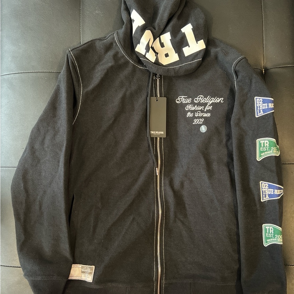 True Religion Black Hoodie with White and Green Accents